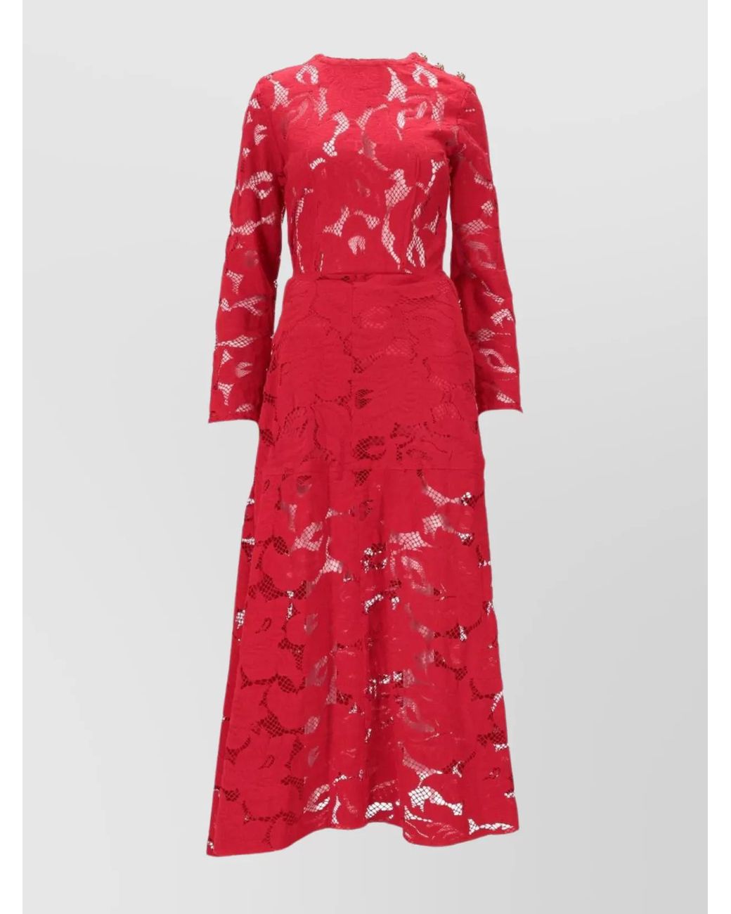 Patou Red Lace Long Sleeve Midi Dress