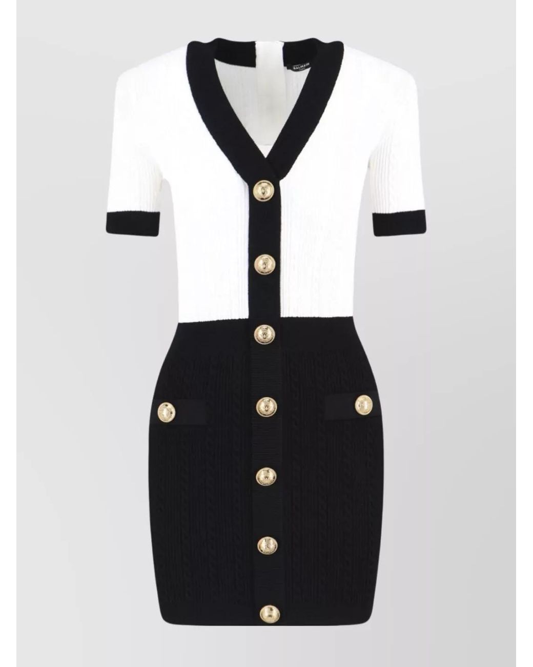Balmain Black Viscose Slim-Fit Knitted V-Neck Short-Sleeve Mini Dress