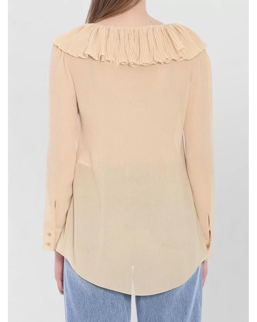 Saint Laurent Blue Silk Semi-Sheer Ruffled V-Neck Blouse