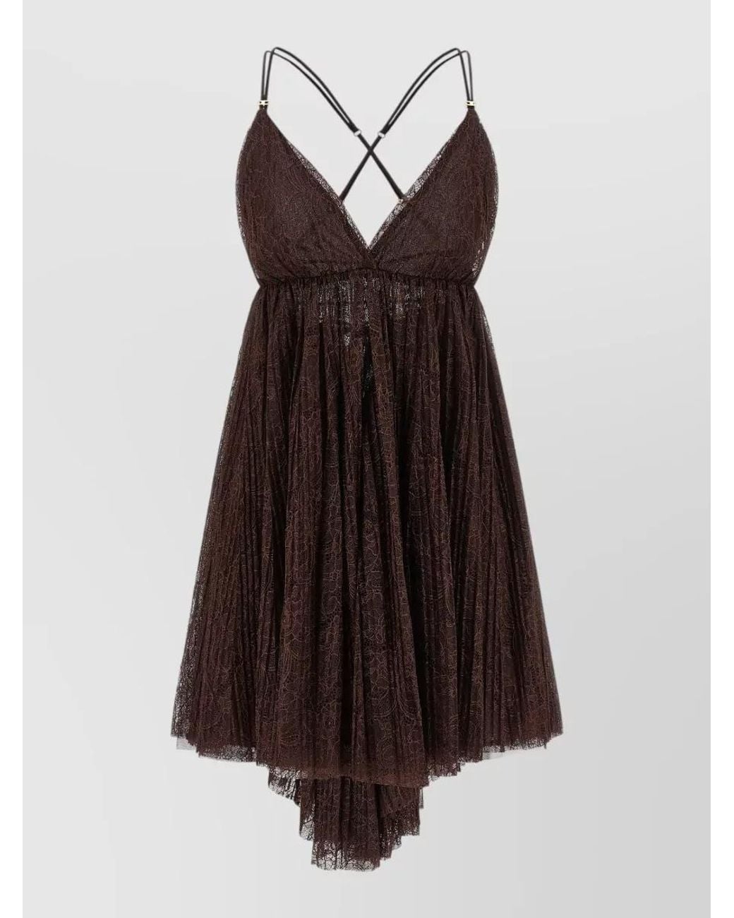 Elisabetta Franchi Brown Lace Pleated Floral Mini Dress