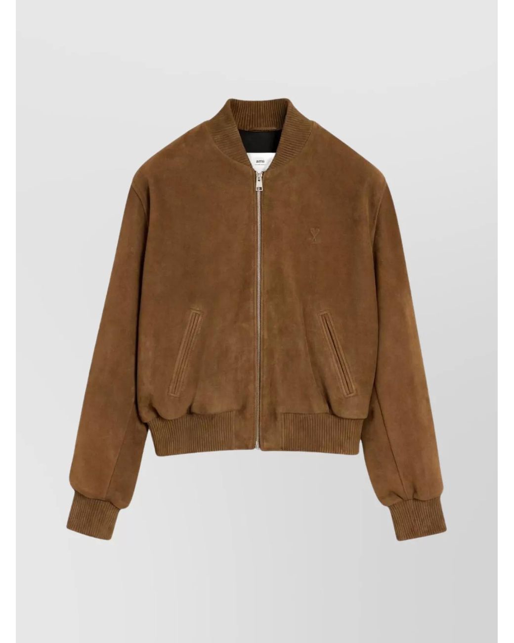 AMI Brown Leather Ribbed Bomber Jacket for men
