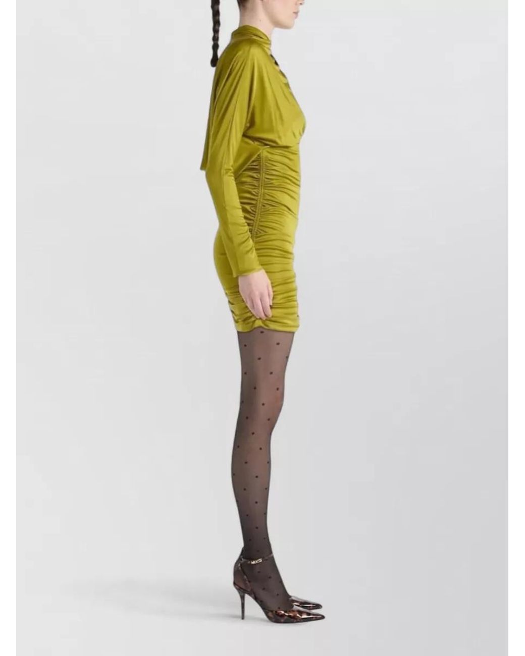 Balmain Green Draped High Neck Long Sleeve Mini Dress