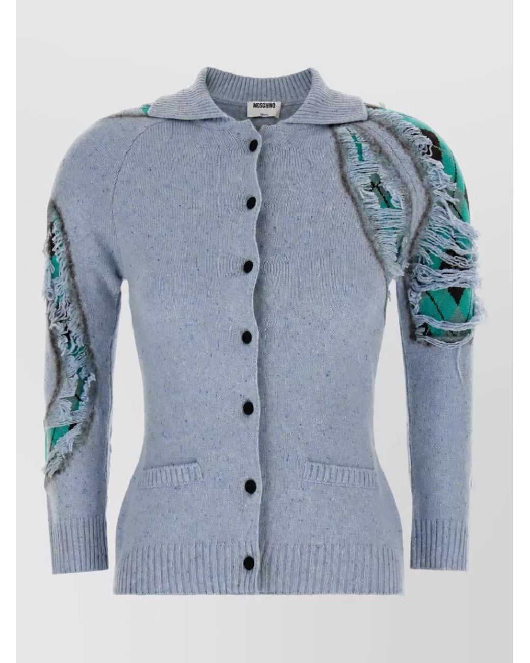 Moschino Blue Silk Distressed Argyle Cardigan