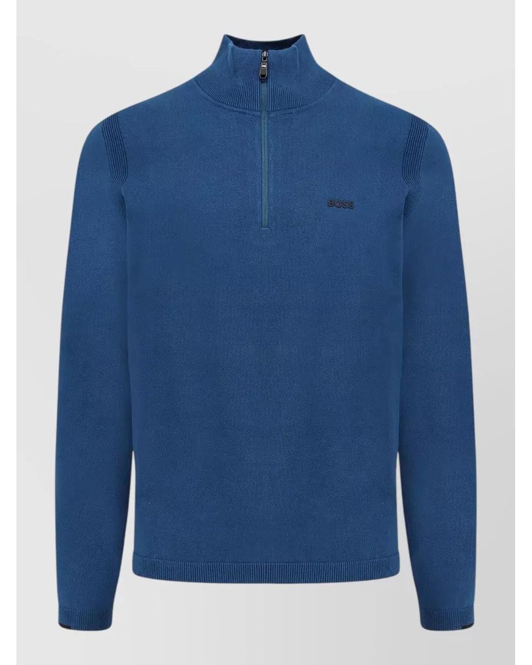 Boss Blue Ribbed Half Zip Sweater for men