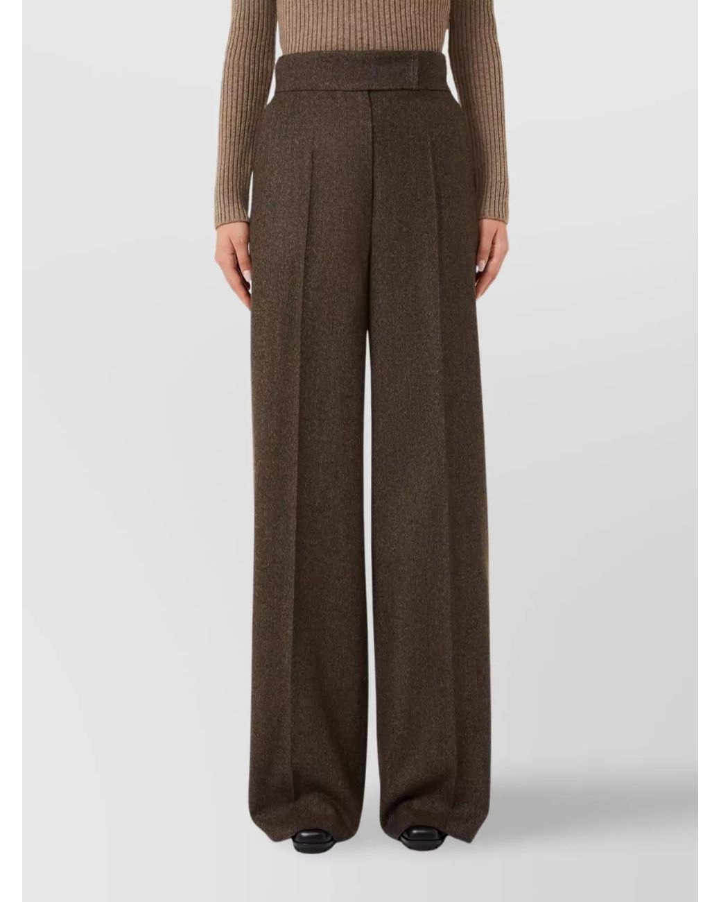 Max Mara Brown Virgin Wool High-Rise Wide-Leg Trousers