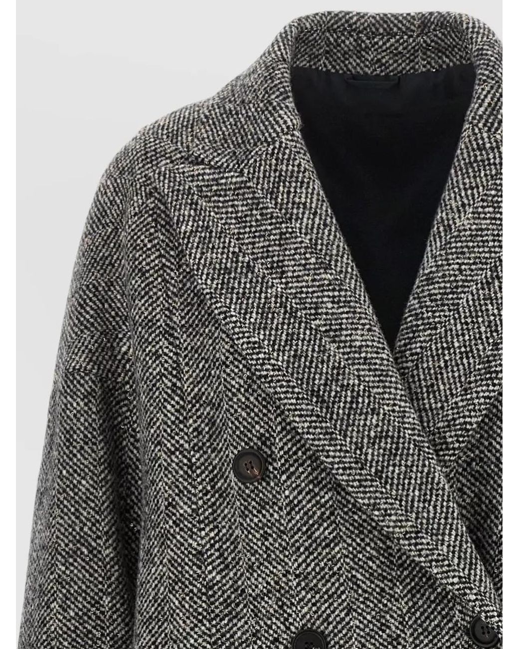 Brunello Cucinelli Gray Virgin Wool And Alpaca Herringbone Double-Breasted Long Coat