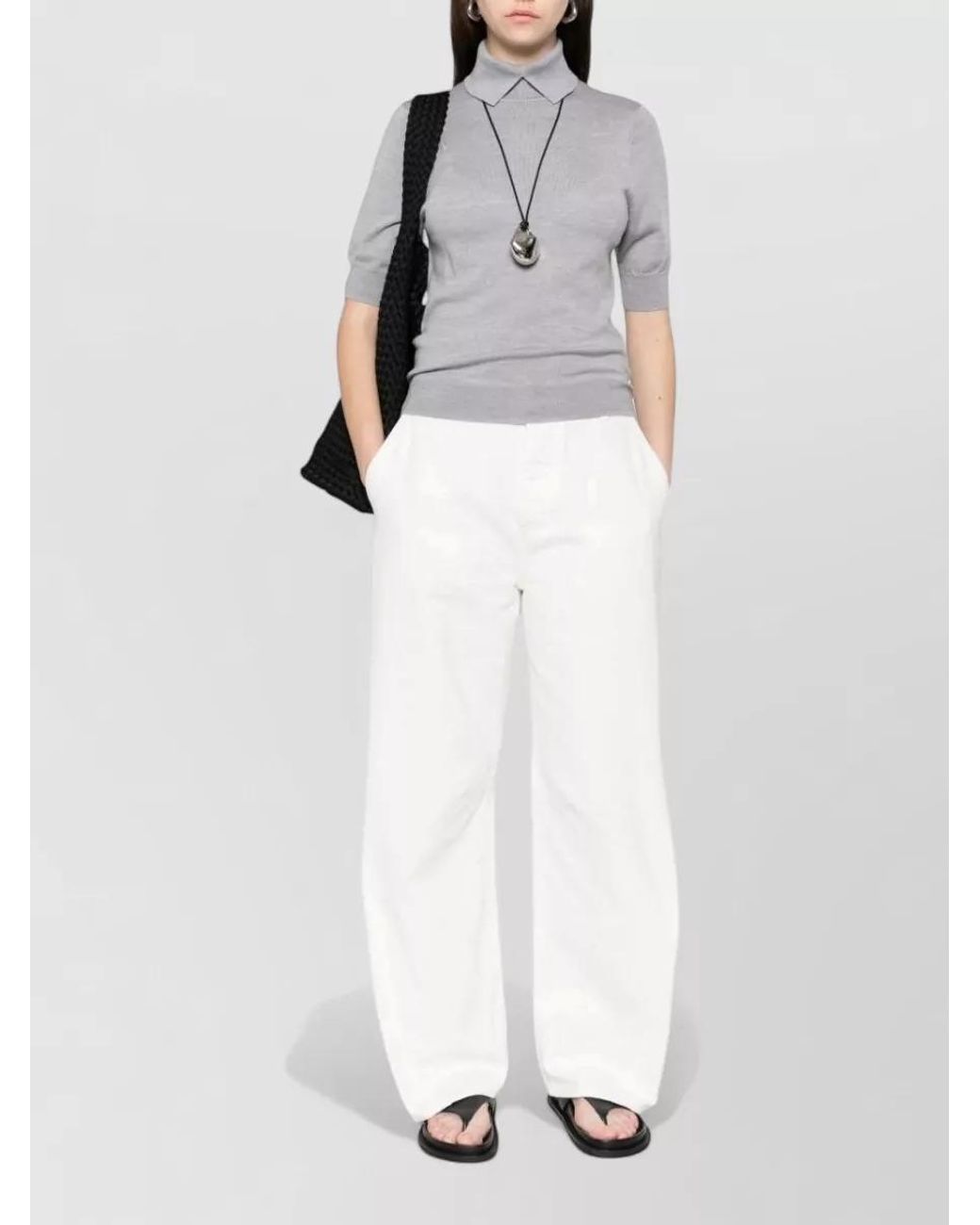 Herskind Gray Merino Wool Fine-Knit Short-Sleeve Polo Top
