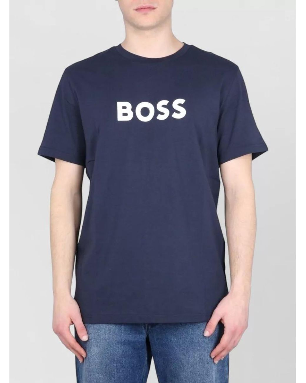 Boss Blue Cotton Regular-Fit Logo-Print T-Shirt for men