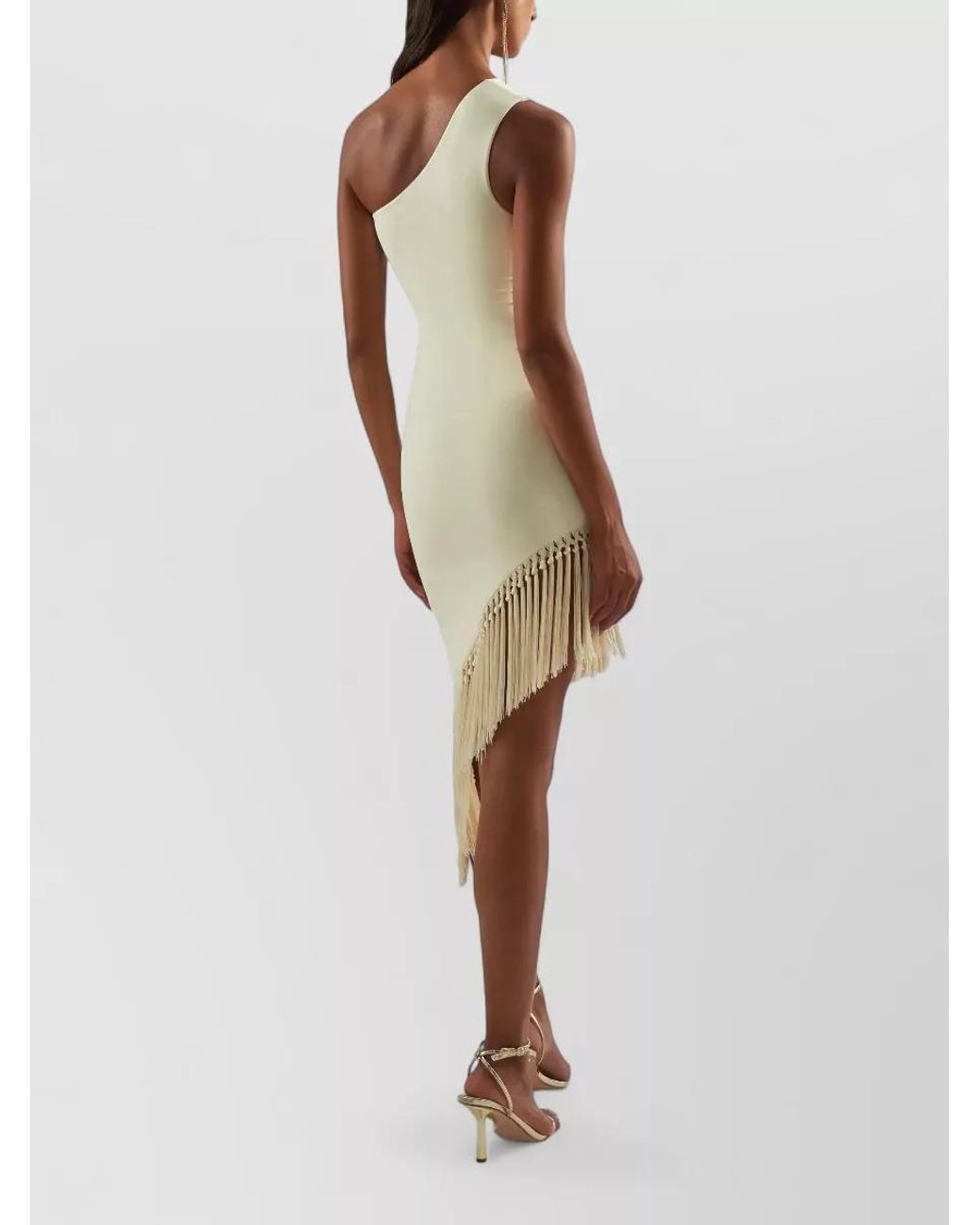 Taller Marmo White Fringe Asymmetric One-Shoulder Midi Dress