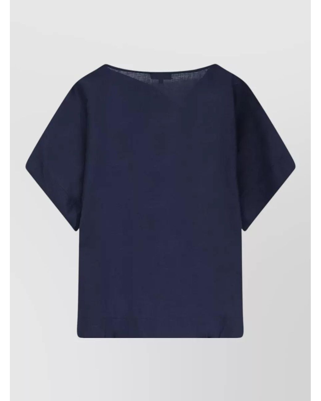 Soeur Blue Linen Blend Asymmetric Boat Neck Short Sleeve Blouse