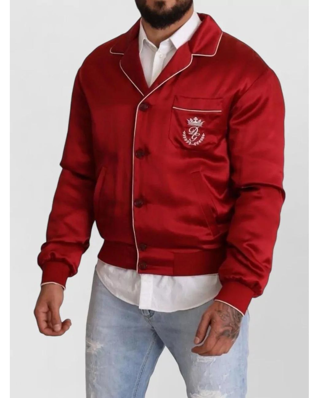 Dolce & Gabbana Red Silk Button Bomber Jacket for men
