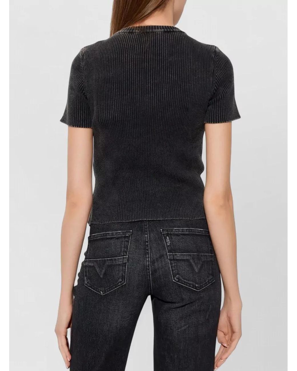 DIESEL Black Cotton Ribbed Cutout Cropped T-Shirt