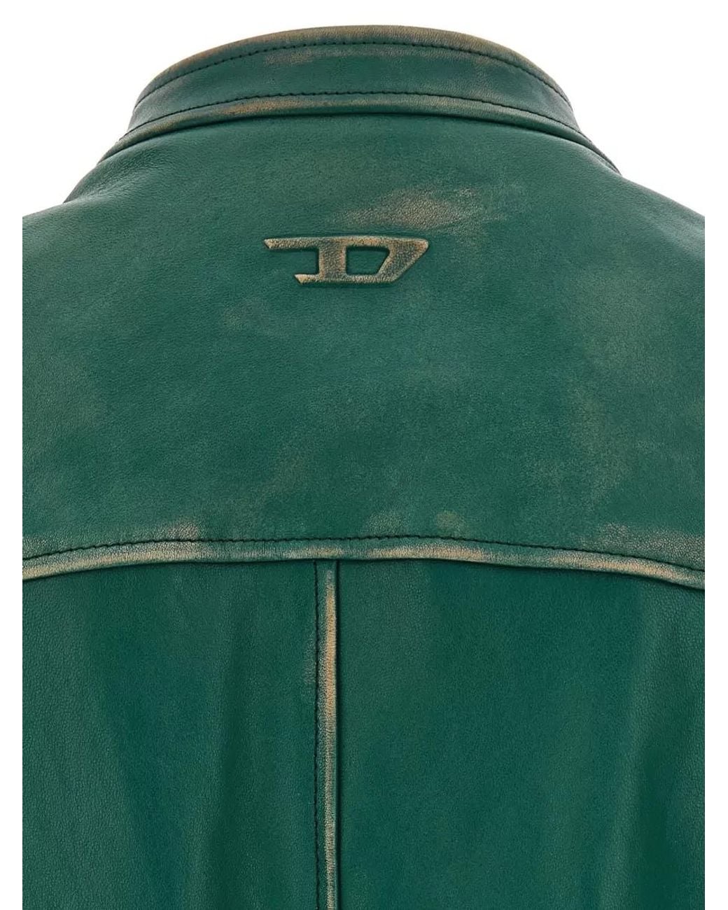 DIESEL Green Lamb Leather Biker Jacket for men