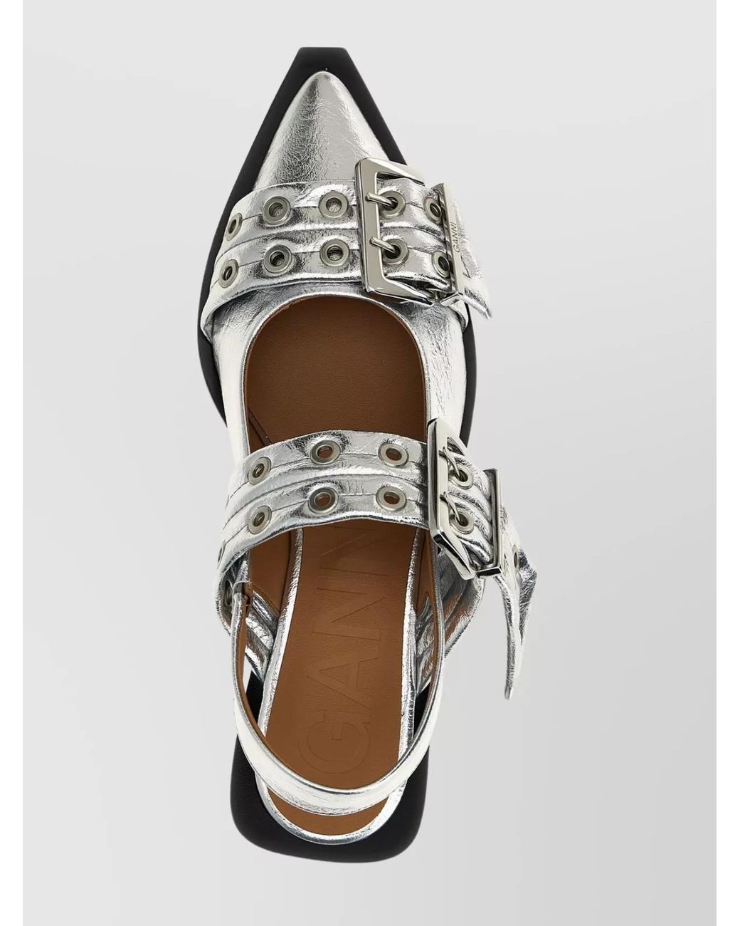 Ganni Metallic Leather Buckle Slingback Ballerina Shoes