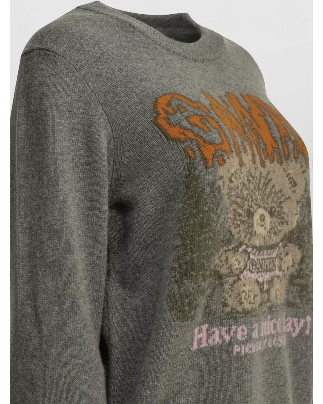 Ganni Gray Wool-Blend Intarsia Crew-Neck Sweater