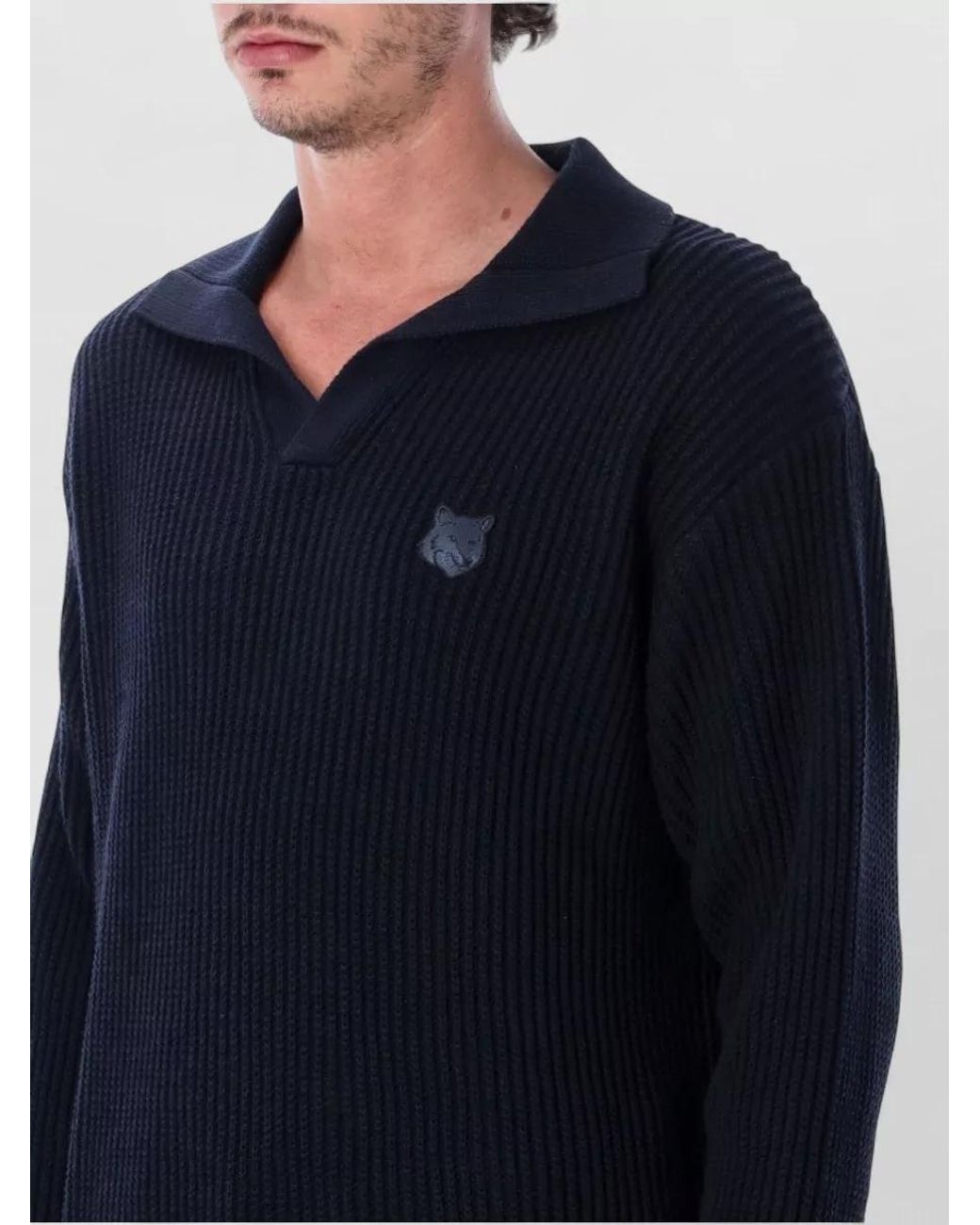 Maison Kitsuné Blue Cotton Ribbed Polo Jumper for men