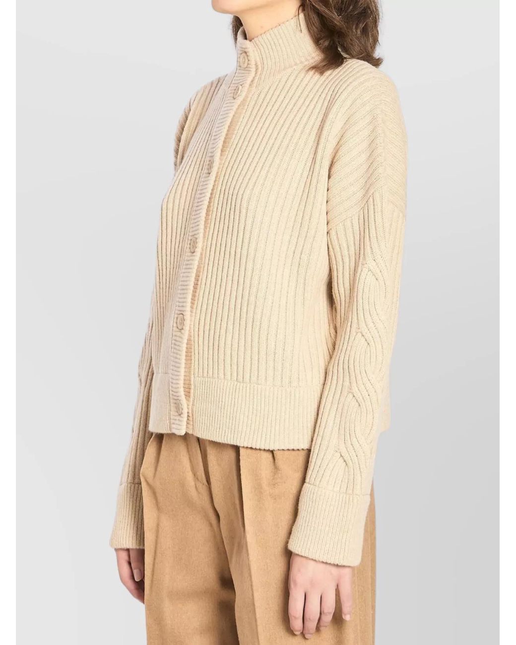 Max Mara Natural Cashmere Wool Ribbed High-Collar Cropped Cardigan