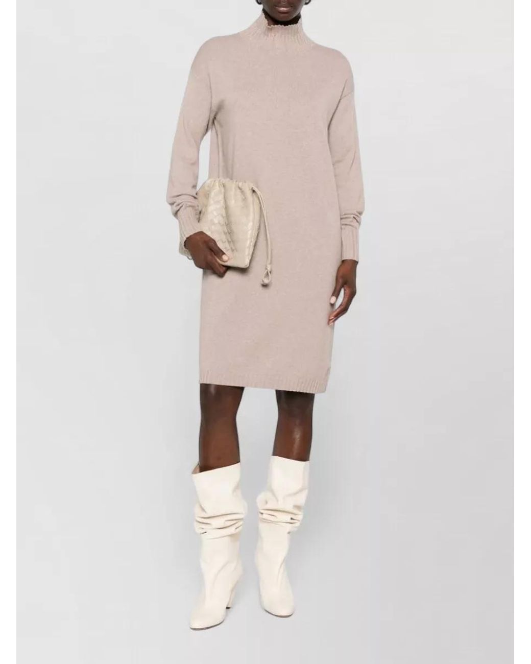 Fabiana Filippi Natural Wool Silk Cashmere Crewneck Knee-Length Dress