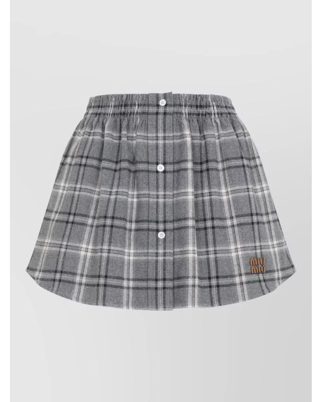 Miu Miu Gray Cotton Check Pleated Mini Skirt