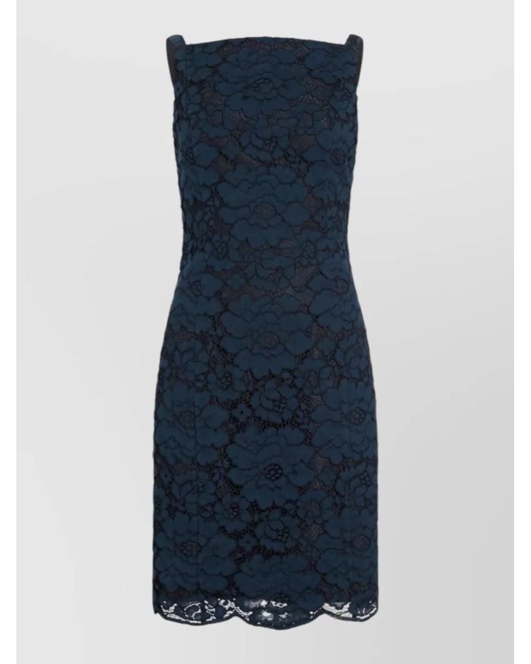 Patou Blue Floral Lace Square Neck Sleeveless Knee-Length Dress