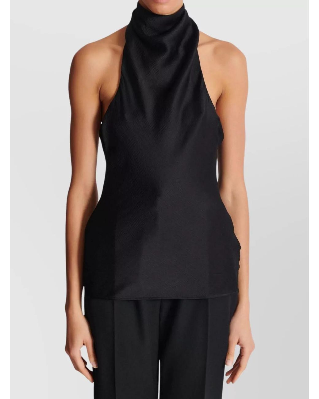 Balmain Black Silk Draped High-Neck Halterneck Blouse