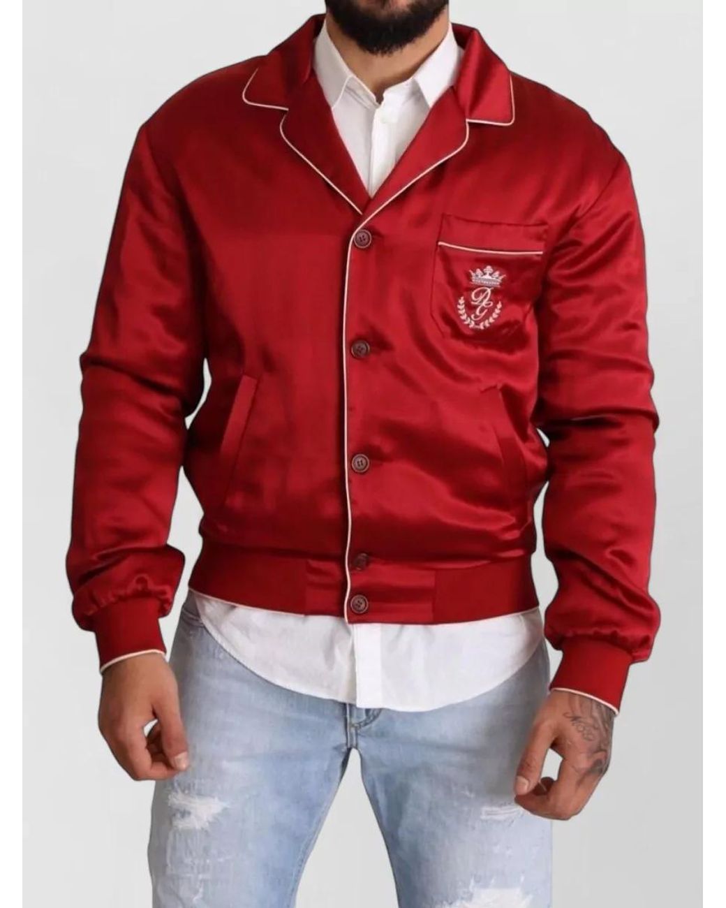 Dolce & Gabbana Red Silk Button Bomber Jacket for men