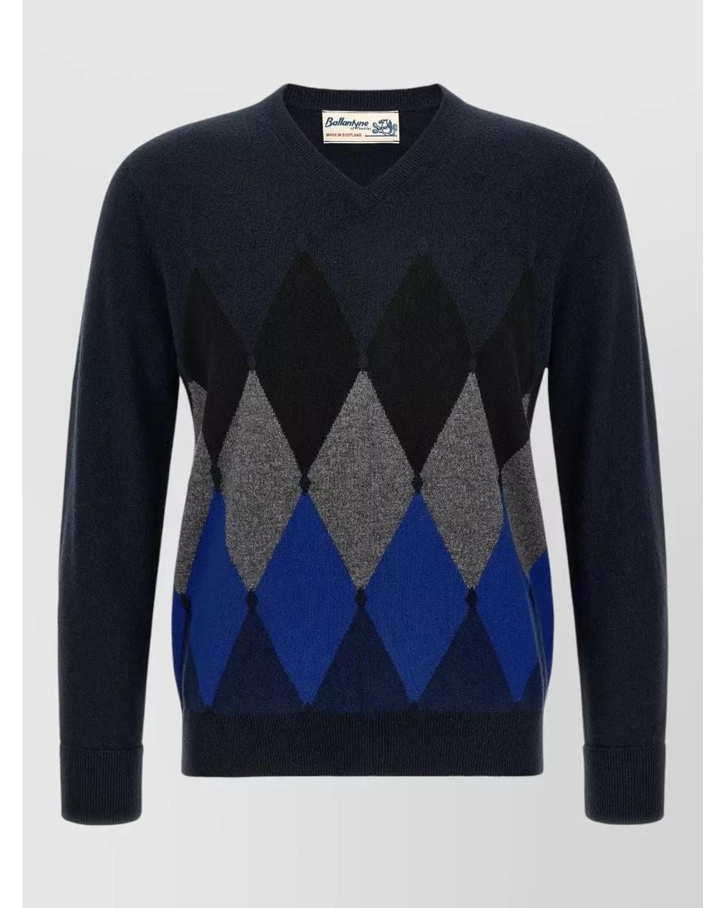 Ballantyne Blue Cashmere Diamond Intarsia Crewneck Sweater for men