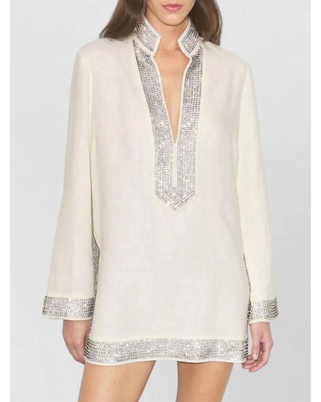 Tory Burch White Linen Crystal Embellished Tunic