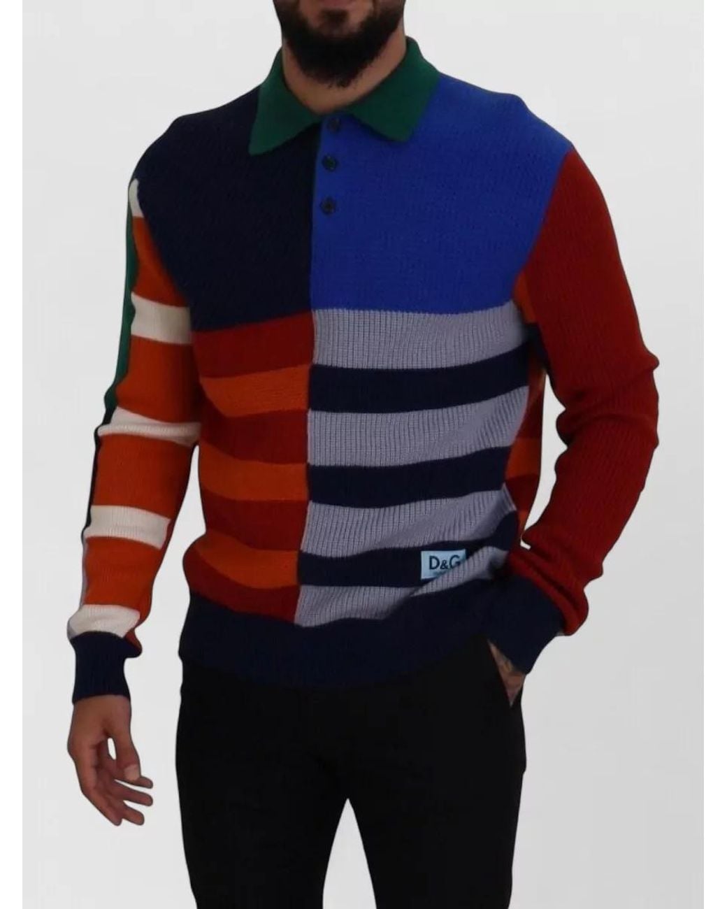 Dolce & Gabbana Blue Virgin Wool Striped Long-Sleeve Polo Shirt for men