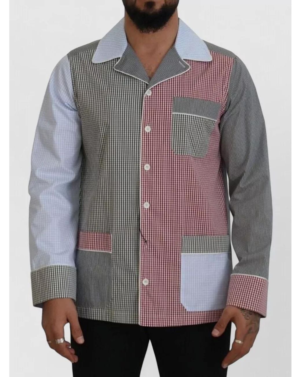 Dolce & Gabbana Gray Cotton Patchwork Checked Long-Sleeve Shirt for men
