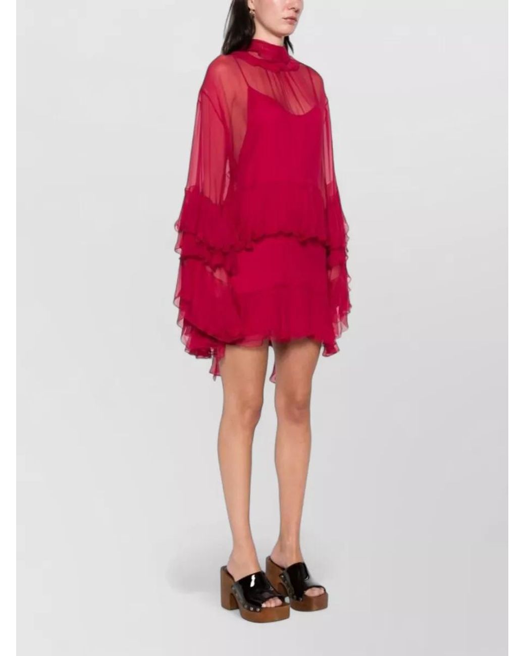Chloé Red Silk Ruffled Long-Sleeve Mini Dress