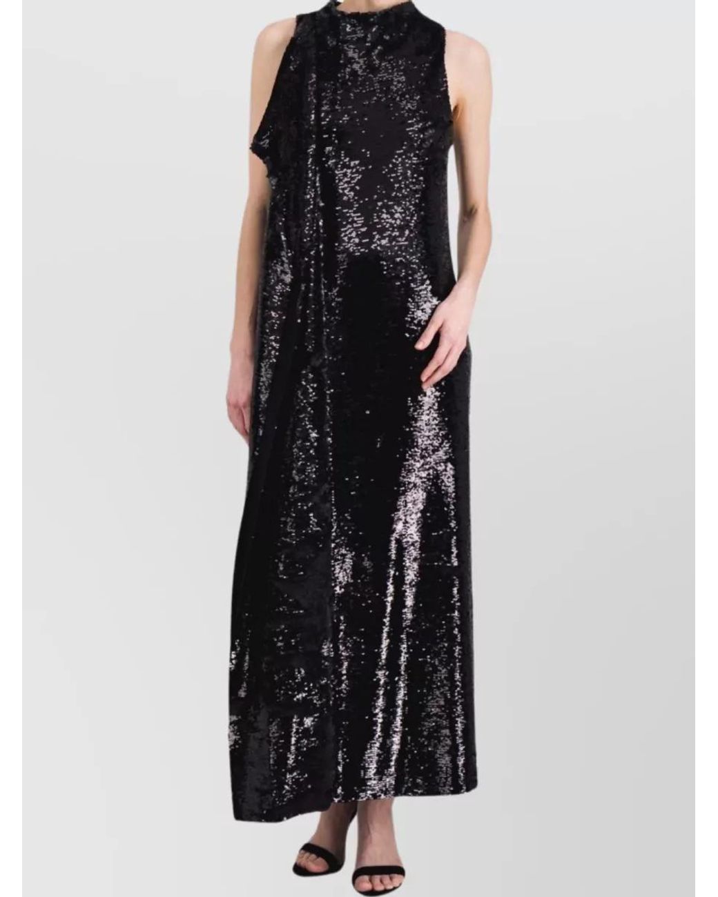 Atlein Black Maxi Draped Sequin Dress