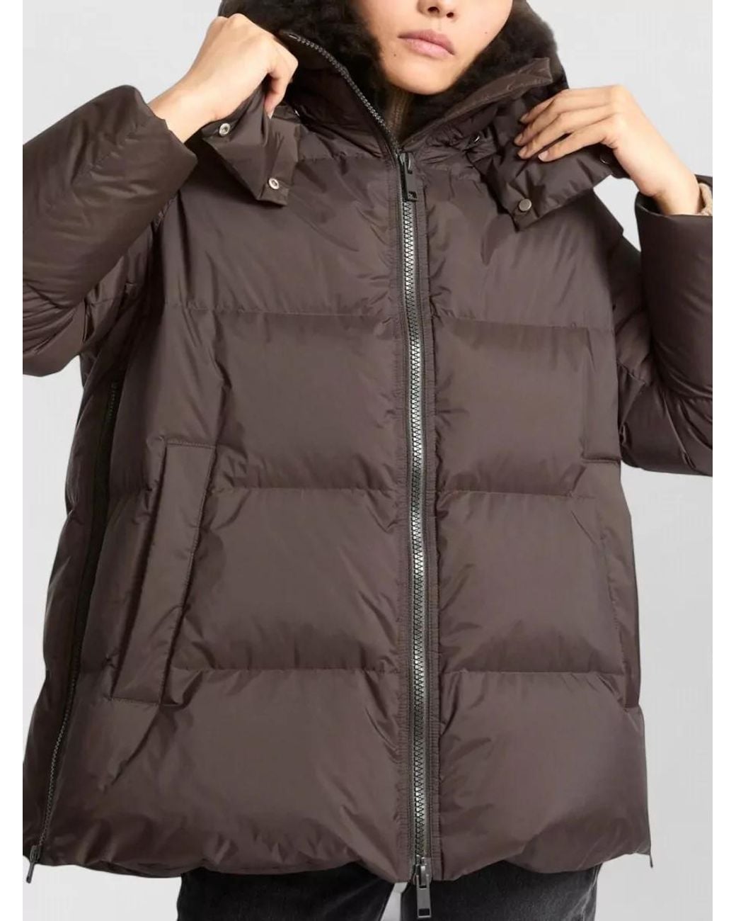 Yves Salomon Brown Down A-Line Hooded Coat With Shearling Collar