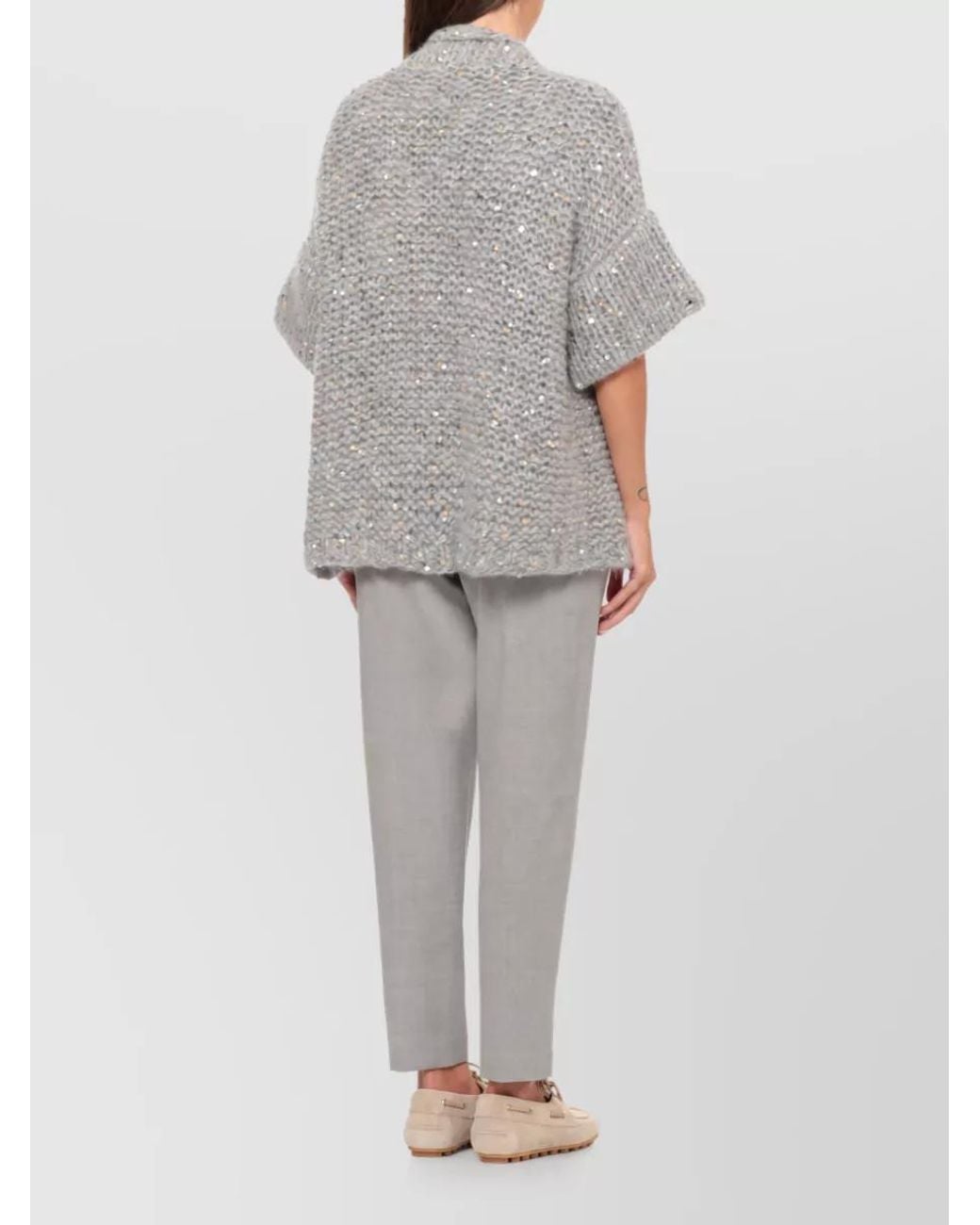 Panicale Gray Sequined Knit Short-Sleeve Cardigan