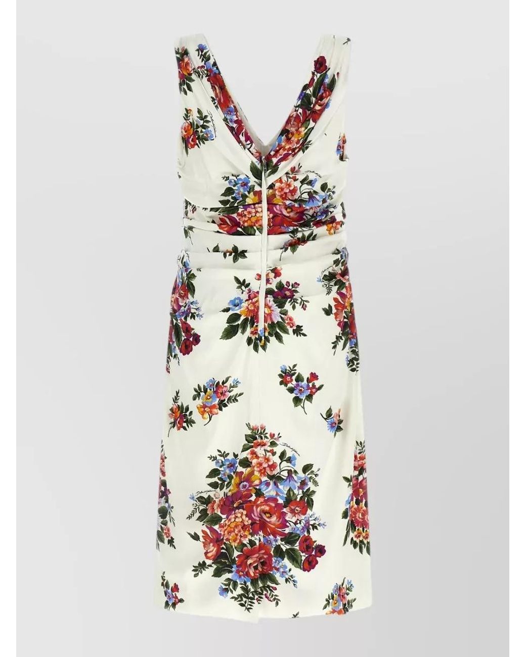 Dolce & Gabbana White Viscose Satin Floral Print Draped V-Neck Sleeveless Knee-Length Dress