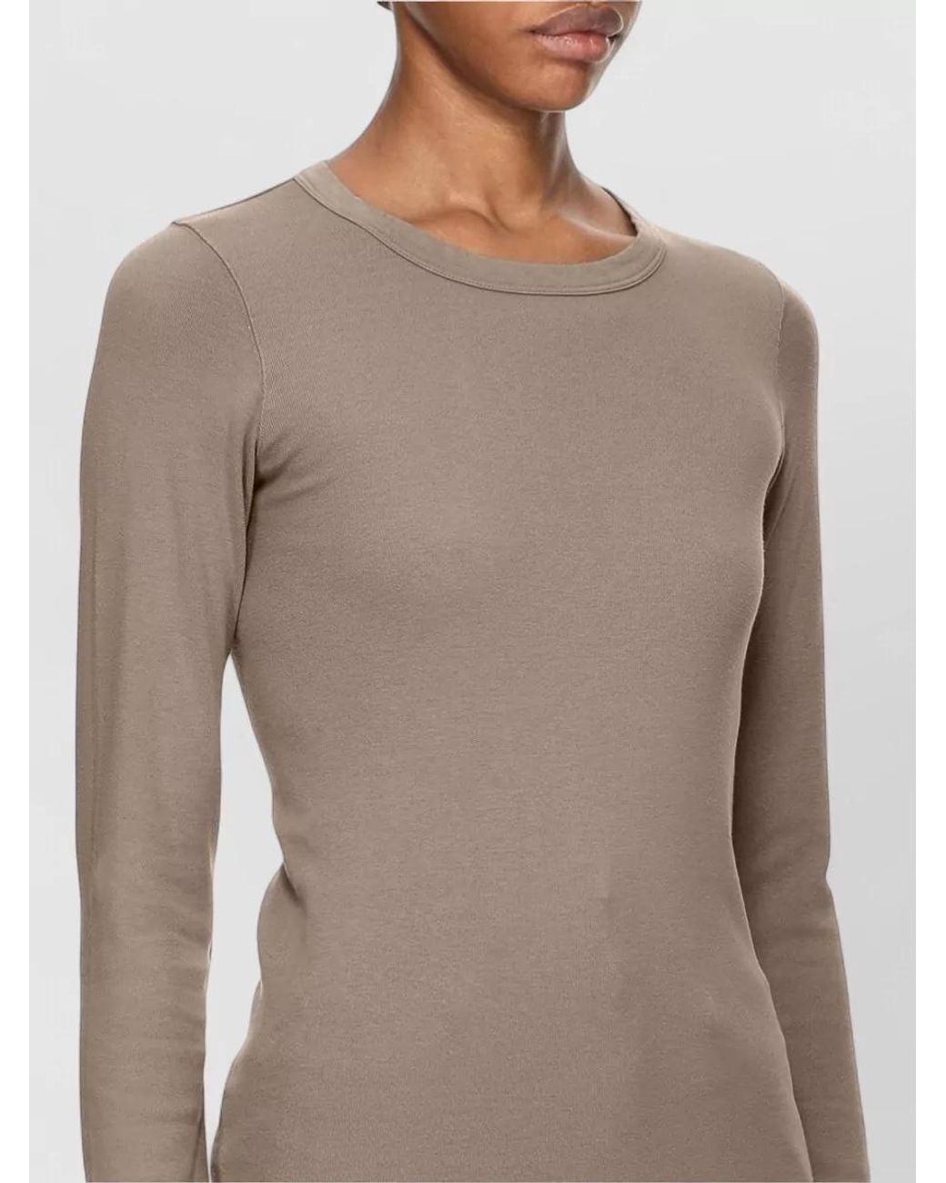 Rick Owens Natural Ribbed Slim Fit Long Sleeve Cotton T Shirt