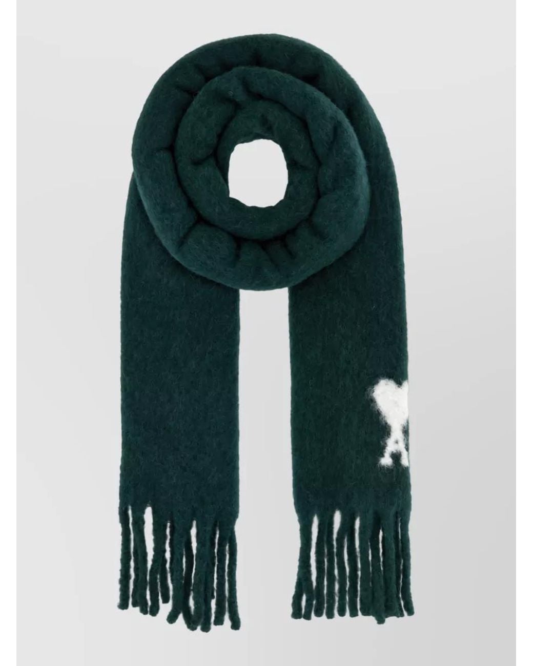 AMI Green Alpaca Wool Fringed Scarf