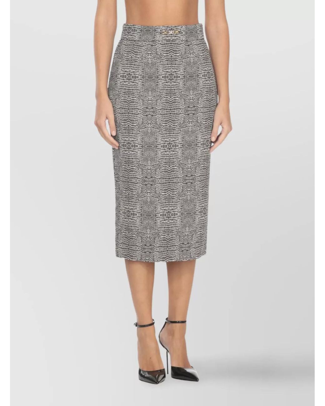 Elisabetta Franchi Gray Snake-Print Midi Pencil Skirt