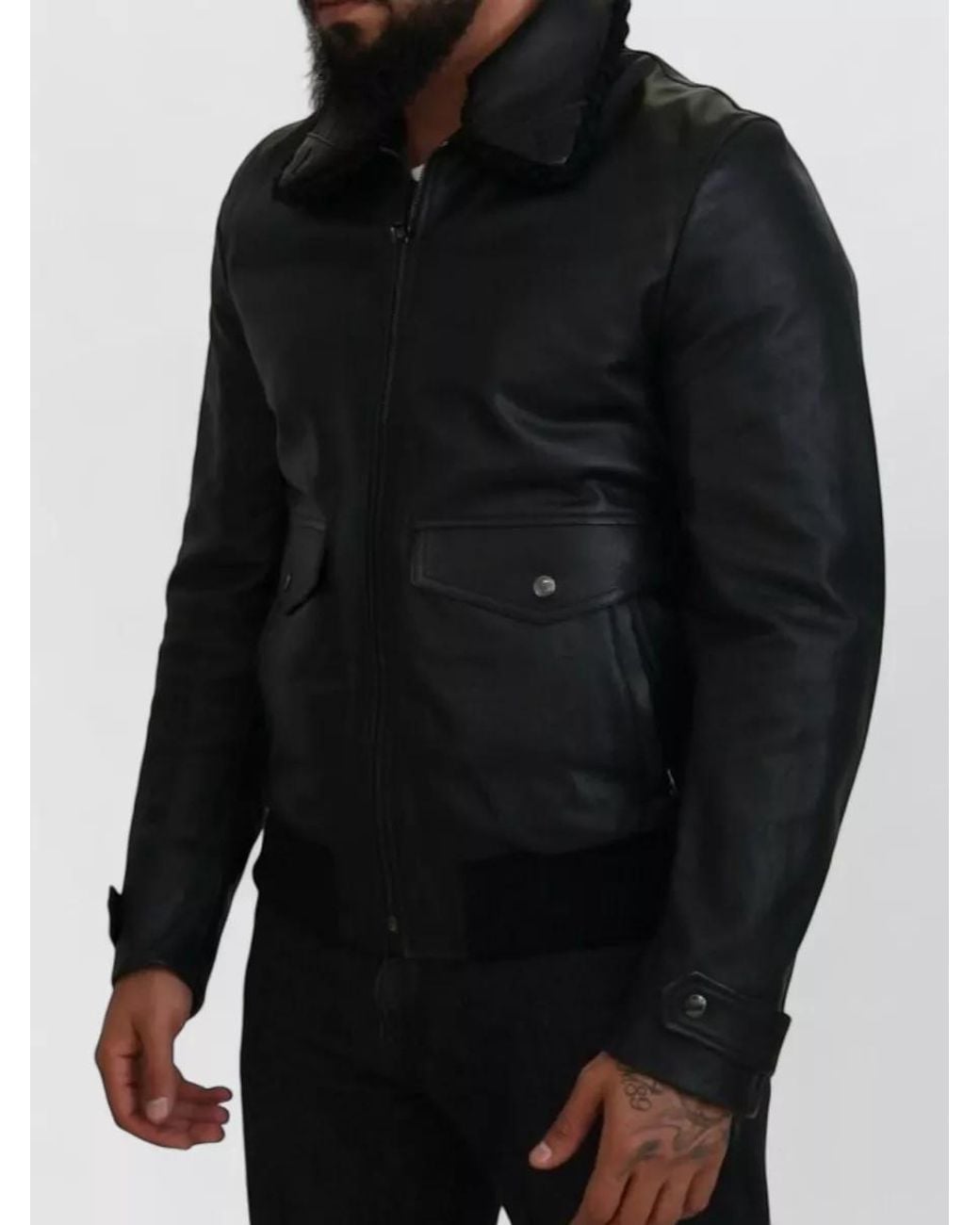 Dolce & Gabbana Black Lambskin Leather Shearling Collar Bomber Jacket for men