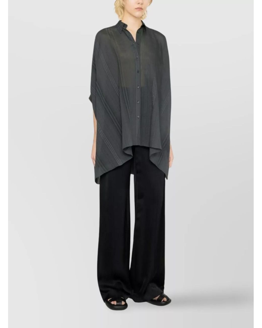 Brunello Cucinelli Gray Striped Draped Silk Cotton Shirt