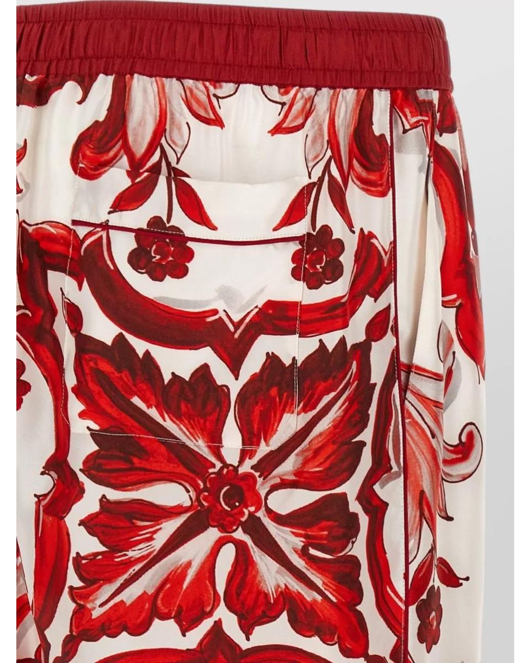 Dolce & Gabbana Red Silk Printed Wide-Leg Trousers for men