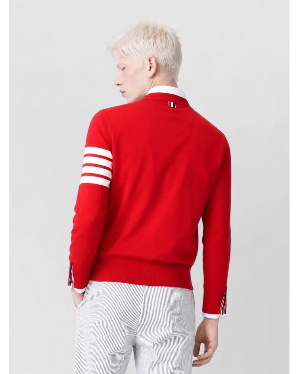 Thom Browne Red Fine-Knit Virgin Wool V-Neck Cardigan for men