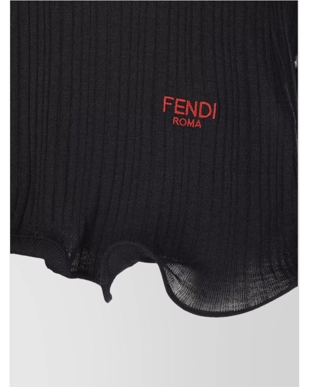 Fendi Blue Virgin Wool Ribbed Fitted V-Neck Long-Sleeve Ruffled Top