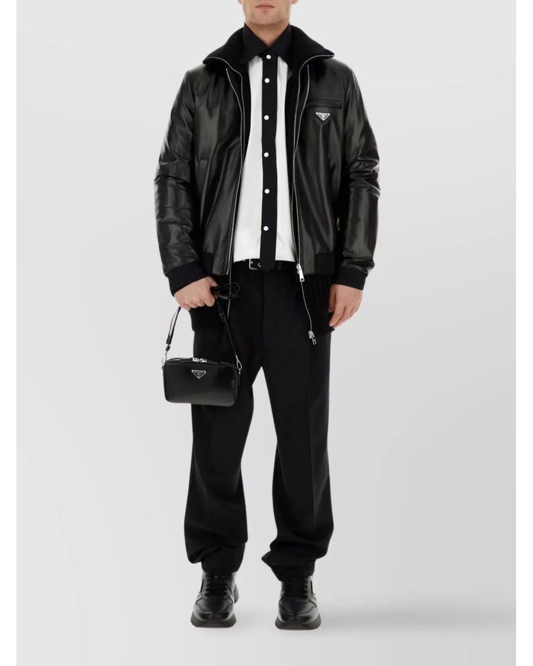 Prada Black Wool High-Rise Pleated Straight-Leg Trousers for men
