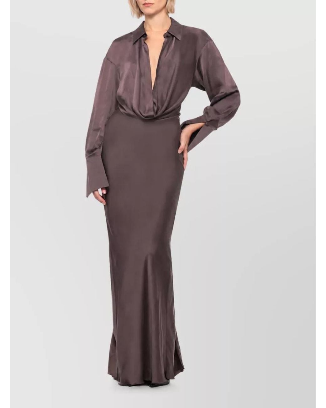 ANDAMANE Brown Draped Long Sleeve Maxi Dress