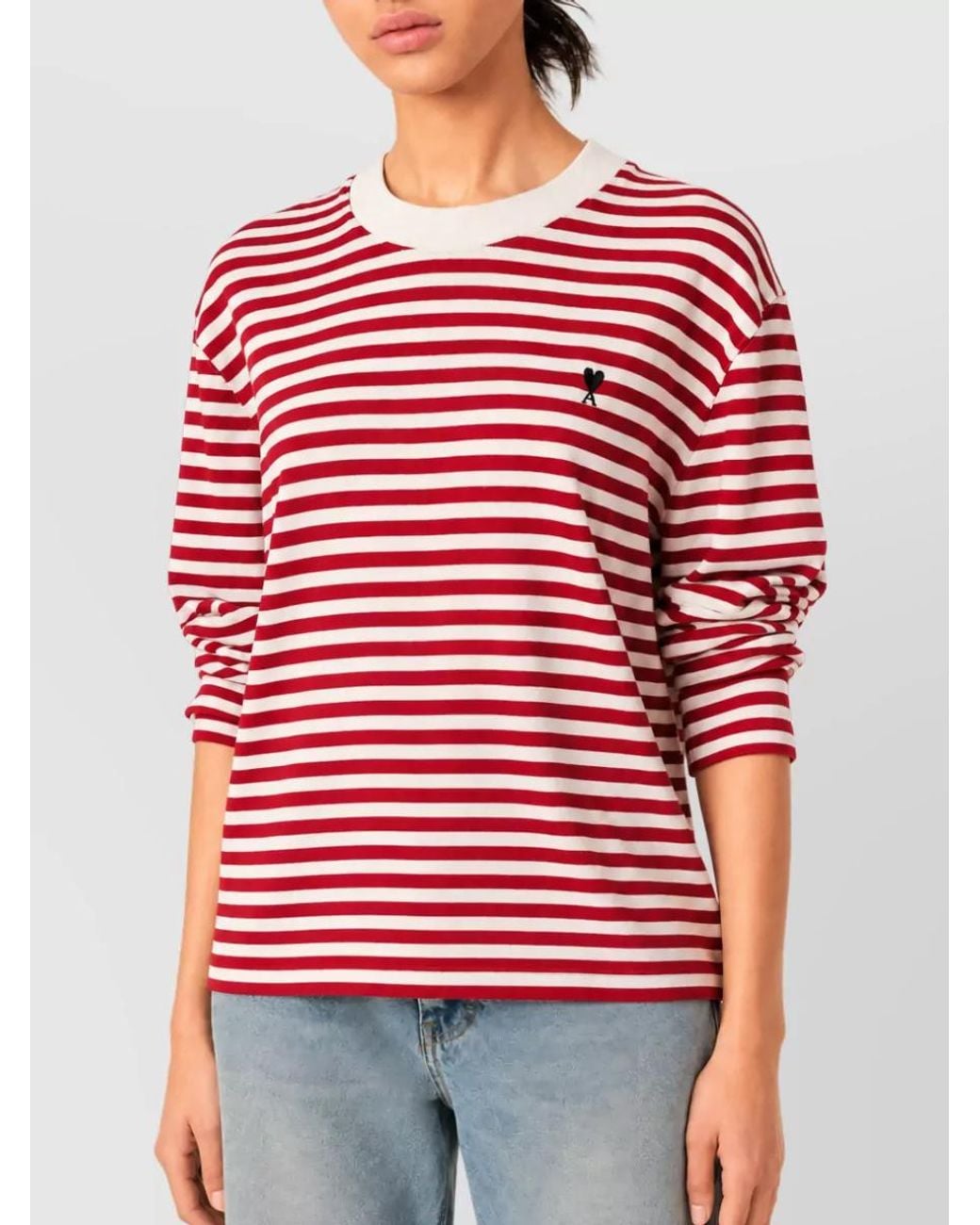 AMI Red Striped Long-Sleeve Cotton Crew-Neck Jumper
