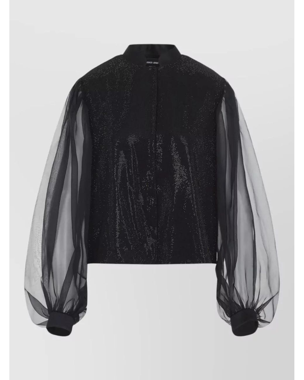 Giorgio Armani Black Silk Crystal-Embellished Stand-Collar Organza-Sleeve Shirt