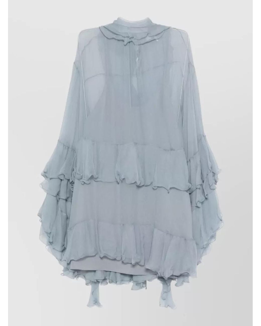 Chloé Blue Silk Ruffled High-Neck Long-Sleeve Mini Dress