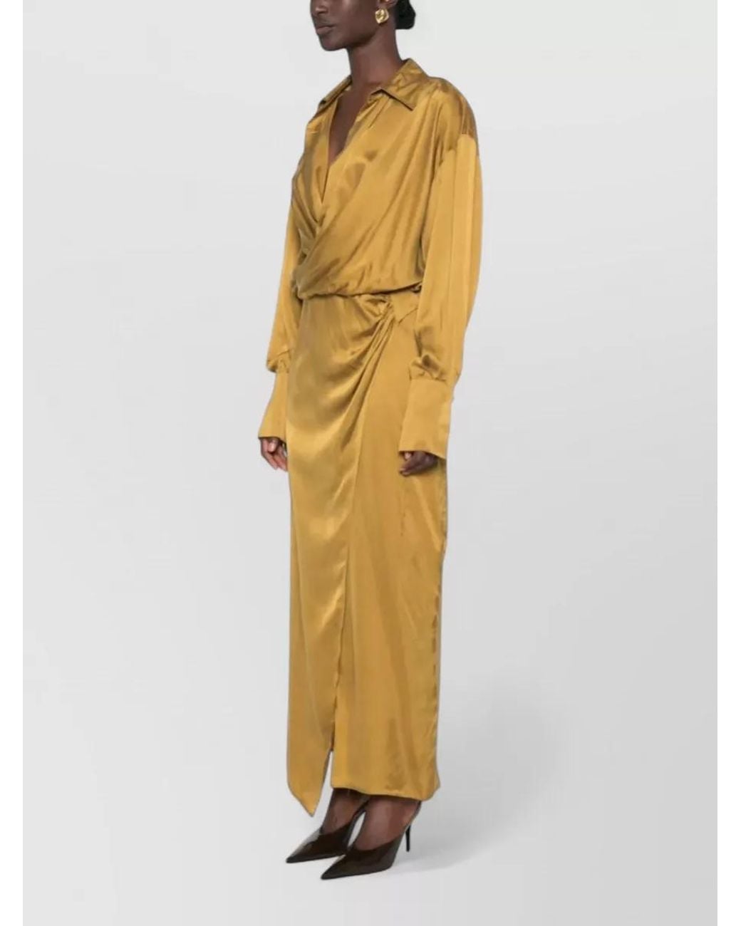 ANDAMANE Metallic Draped Wrap V-Neck Midi Dress