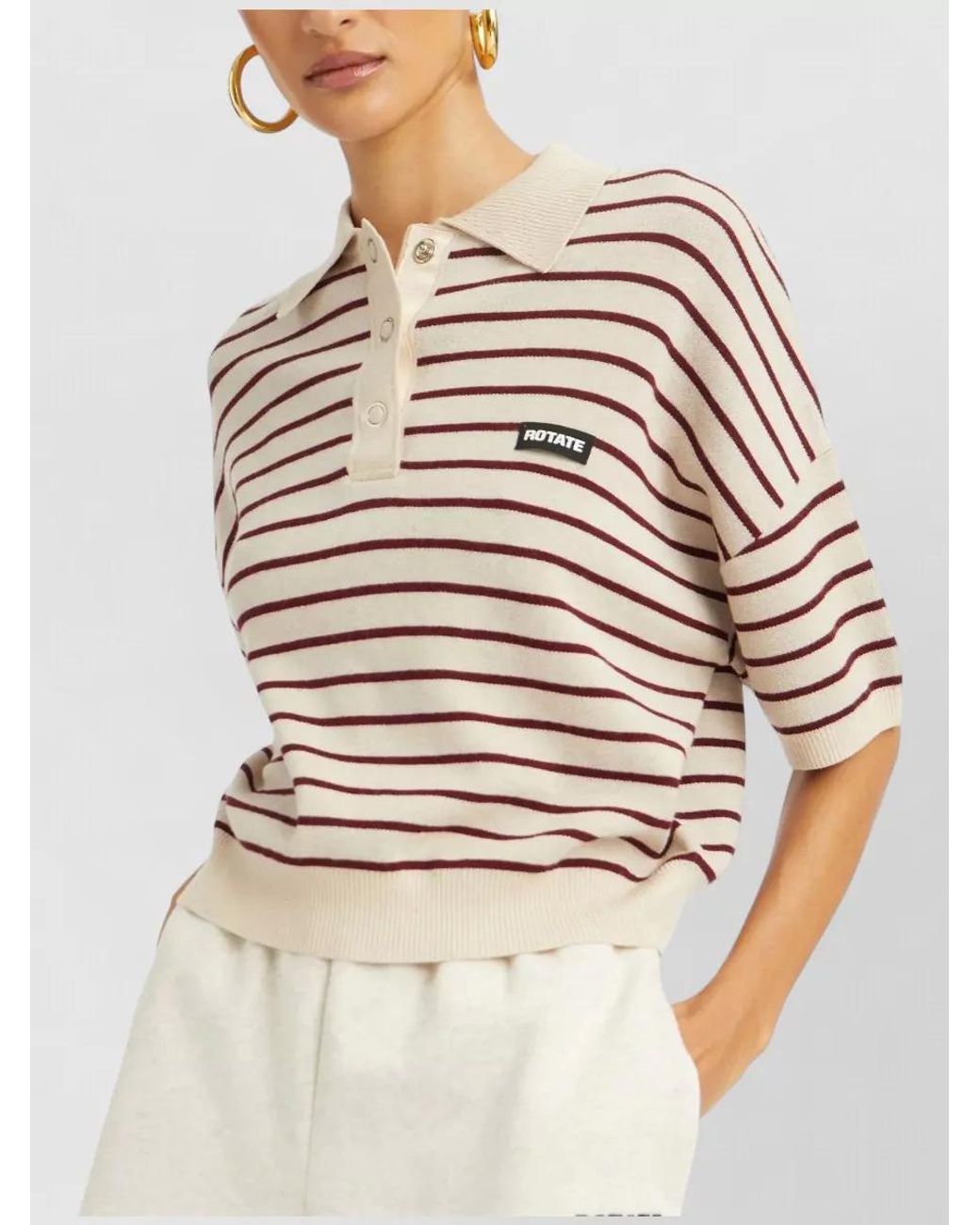ROTATE BIRGER CHRISTENSEN Natural Striped Knit Polo Top